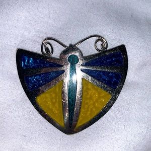 Vintage Mexico Alpaca Enameled Butterfly Pendant/Brooch